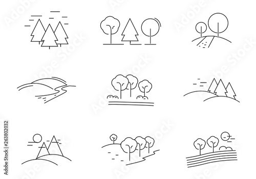 Landscape Thin Line Icon Set - Isolated On White Background. Vector Illustration, Graphic Design. Landscape Icon For Tree Template, Hill Logo, Mountain Symbol, Pictogram Sign And Park Design
