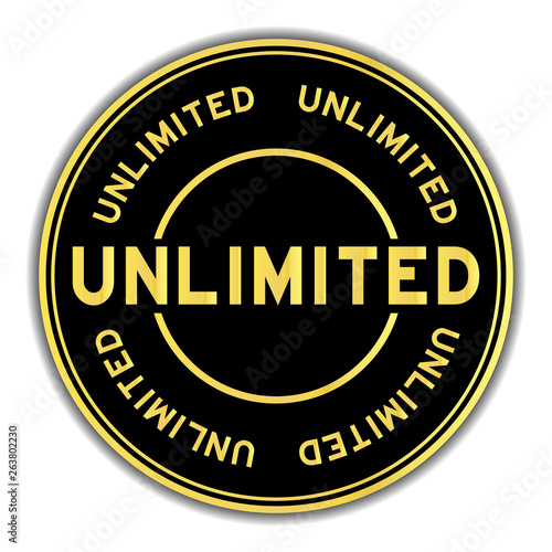 Black and gold color word unlimited round seal sticker on white background