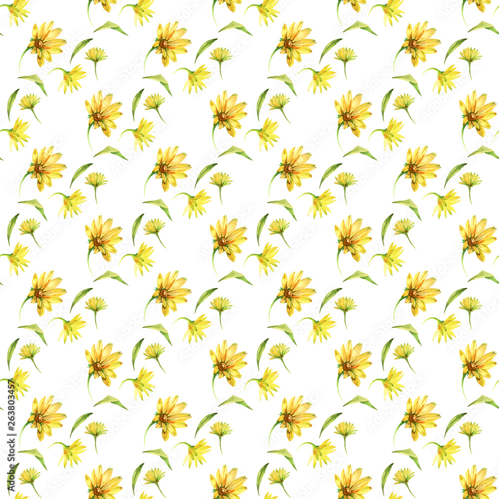 Seamless pattern with yellow flowers. Watercolor hand drawn illustration isolated on white background.
