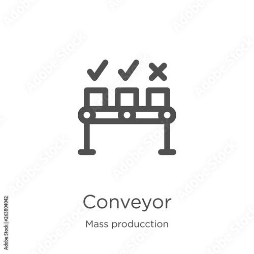 conveyor icon vector from mass producction collection. Thin line conveyor outline icon vector illustration. Outline, thin line conveyor icon for website design and mobile, app development.