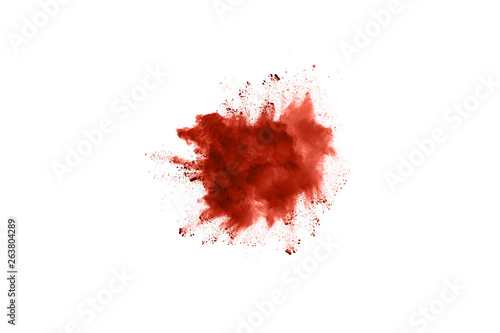 living coral color powder explosion on white background. Colored cloud. Colorful dust explode. Paint Holi.