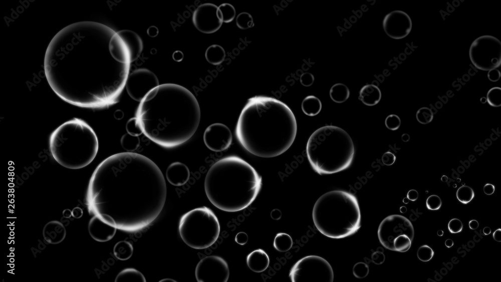 Clean water bubbles on isolated black background. Texture.