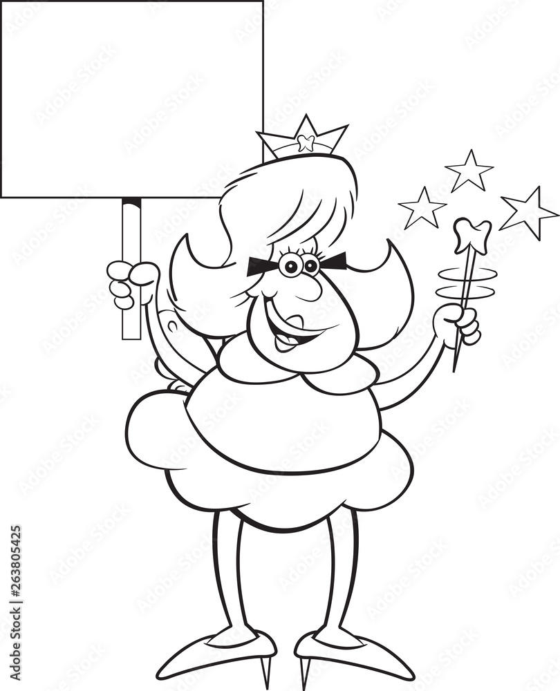 Black and white illustration of the tooth fairy holding a sign. Black and white illustration of the tooth fairy holding a sign.