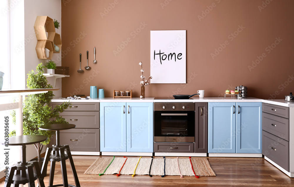 Modern interior of kitchen with stylish furniture - obrazy, fototapety, plakaty 