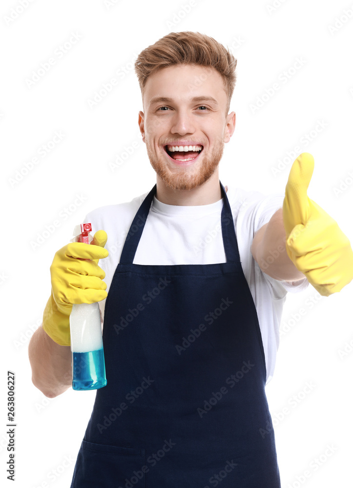 Portrait of male janitor showing thumb-up gesture on white background Portrait of male janitor showing thumb-up gesture on white background