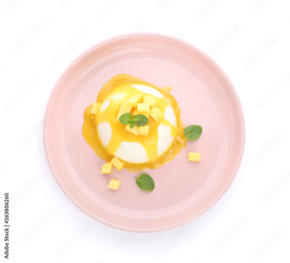 Plate with tasty panna cotta on white background Plate with tasty panna cotta on white background