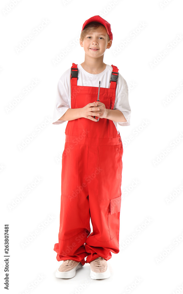 Portrait of cute little mechanic on white background