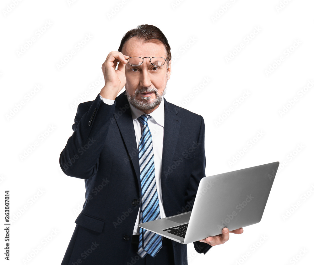 Portrait of handsome mature businessman with laptop on white background Portrait of handsome mature businessman with laptop on white background