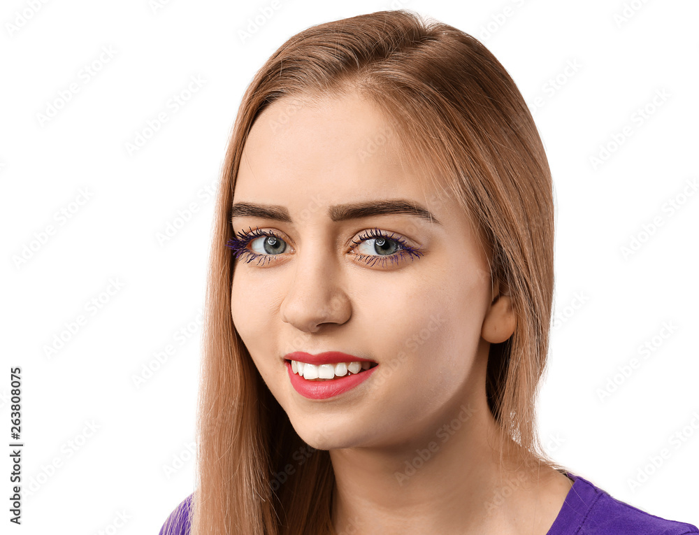 Beautiful young woman with applied color mascara on white background Beautiful young woman with applied color mascara on white background