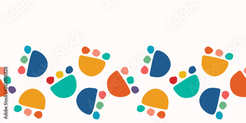 Abstract organic cut out flower shape. Vector border pattern seamless background. Hand paper cutting matisse style. Collage floral illustration. Trendy kid fashion edge stripe trim. Tossed fun colors.