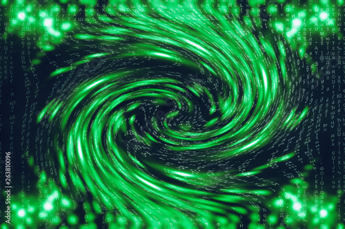 Green blue matrix digital background. Distorted cyberspace concept. Characters fall down in wormhole. Hacked matrix. Virtual reality design. Complex algorithm data hacking. Green digital sparks.