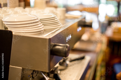 The blurred background of the beverage maker (coffee) that is intended for making water menus, is modern and saves time in customer service, tastes mellow and more delicious.