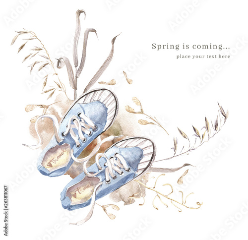 Watercolor illustration with blue sneakers, soil  and dry herbs