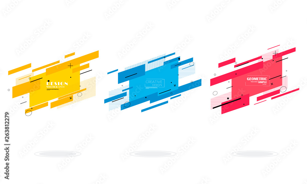 Obraz premium Set of modern abstract vector banners. Flat geometric shapes of different colors with black outline in memphis design style. Template ready for use in web or print design.