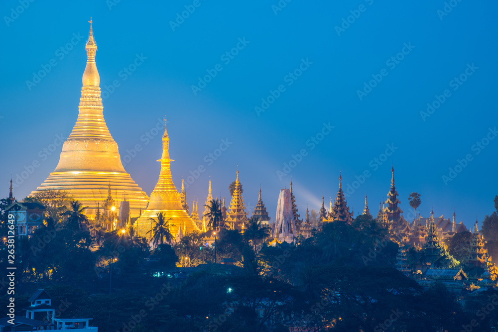 Fototapeta premium Beautiful view of Shwedagon pagoda at night. It is one of the most famous pagodas in the world and it is certainly the main attraction of Yangon.