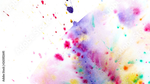 Abstract watercolor hand painting background. Spray and gradient transitions. Purple, raspberry, yellow and green.