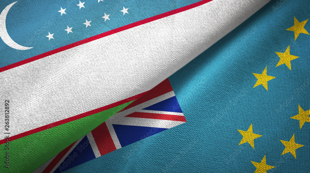 Fototapeta premium Uzbekistan and Tuvalu two flags textile cloth, fabric texture