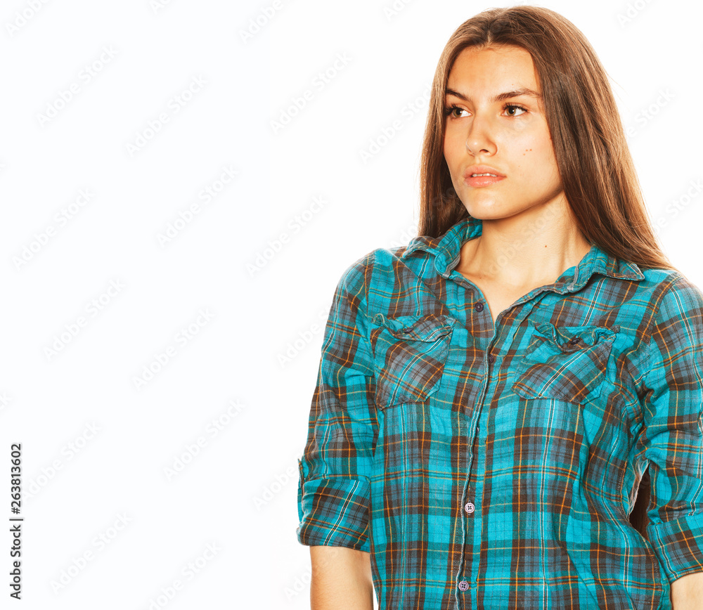 young pretty woman posing on white background isolated emotional hipster student thinking smiling young pretty woman posing on white background isolated emotional hipster student thinking smiling
