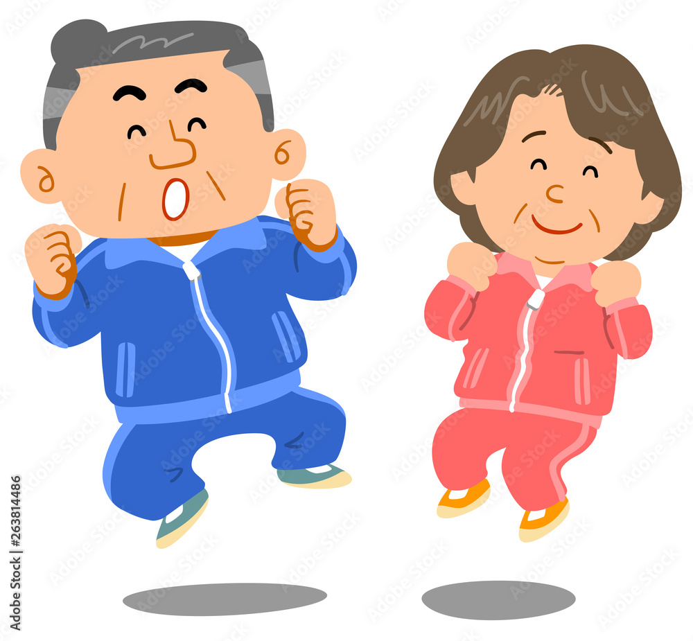 ジャンプする年配の男女