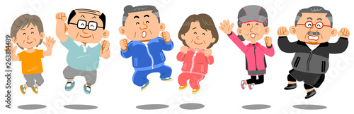 ジャンプする6人の年配の男女