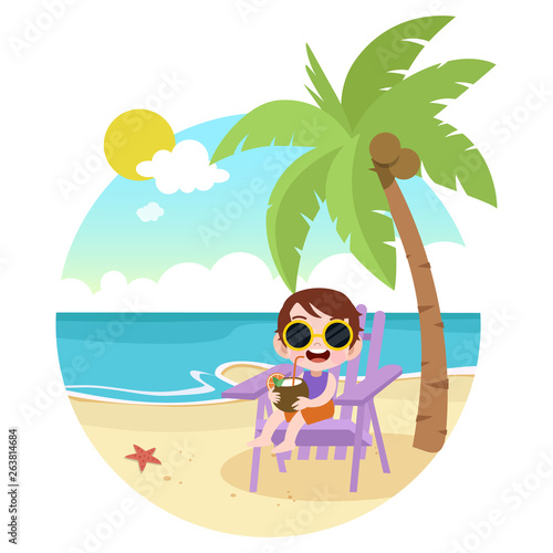 kid girl playing on the beach vector illustration