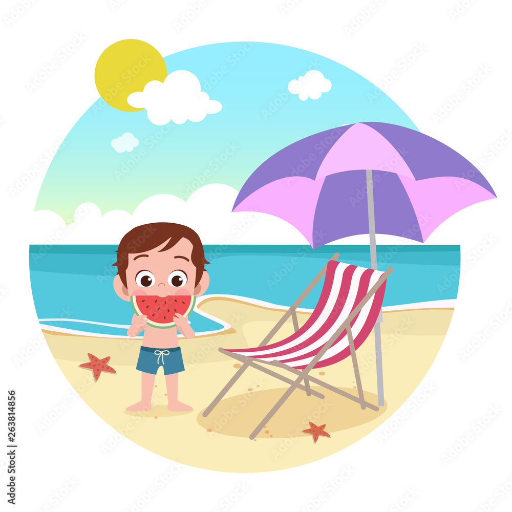 kid boy playing on beach vector illustration