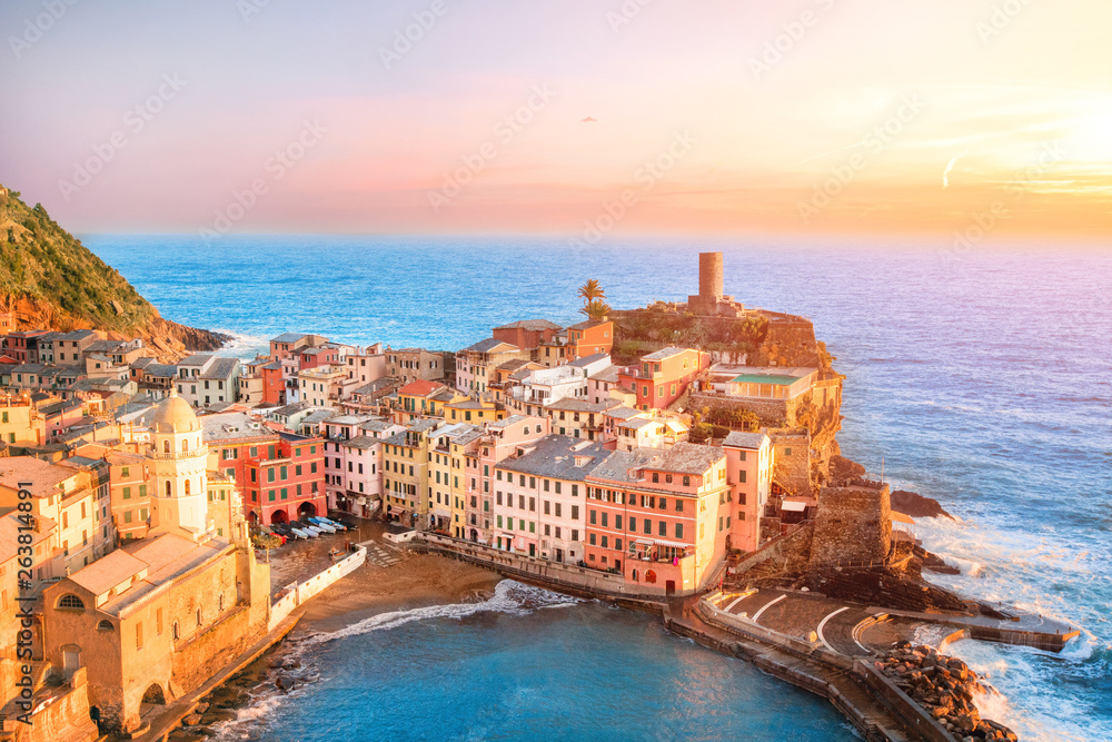 Panorama of Vernazza, national park Cinque Terre, Liguria, Italy, Europe. Colorful villages