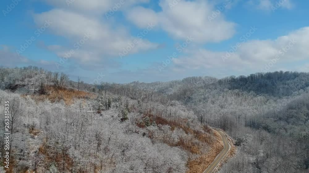 Snow covered hills of Appalachian Mountains in Eastern Kentucky aerial POV Snow covered hills of Appalachian Mountains in Eastern Kentucky aerial POV