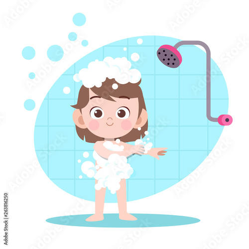 kid girl shower bath vector illustration