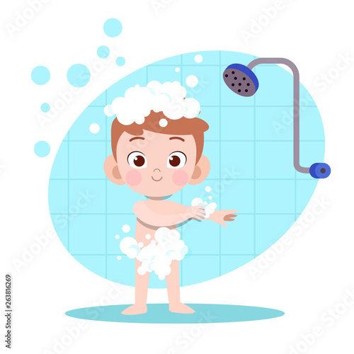 kid boy shower bath vector illustration