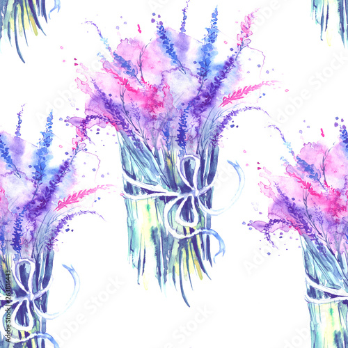 A bouquet of watercolor wild wildflowers. Wildflower lavender flower pattern in a watercolor style. Seamless vintage background. Colorful contemporary artwork. Vintage bouquet drawing