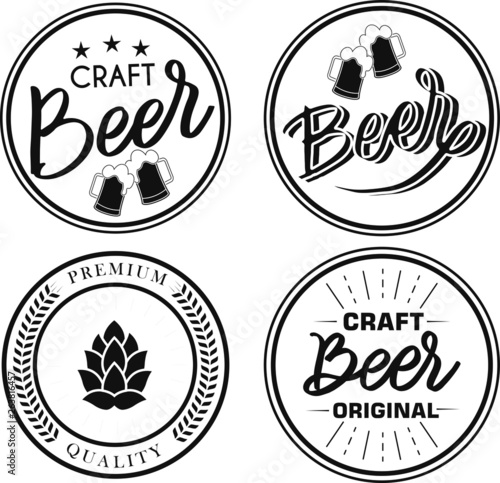 Set of 4 coasters for beer with hand written lettering text. Bierdeckel, beermat for bar, pub, beerhouse. Round  stand. Beer, brewery, oktoberfest hand written lettering. Isolated