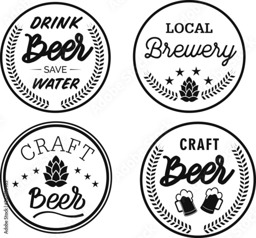 Set of 4 coasters for beer with hand written lettering text. Bierdeckel, beermat for bar, pub, beerhouse. Round  stand. Beer, brewery, oktoberfest hand written lettering. Isolated
