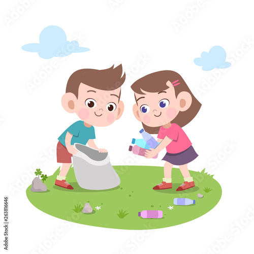 kids cleaning trash vector illustration