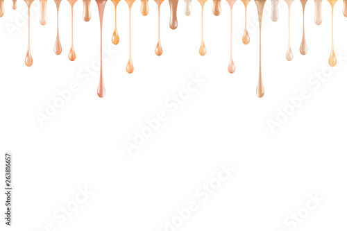 Foundation liquid drops isolated seamless background. Tone cream sample palette. Skin texture of droplets. Beauty makeup elements for fashion advertising of cosmetics. Vector realistic 3d illustration