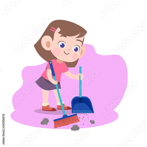 kid girl sweeping broom vector illustration