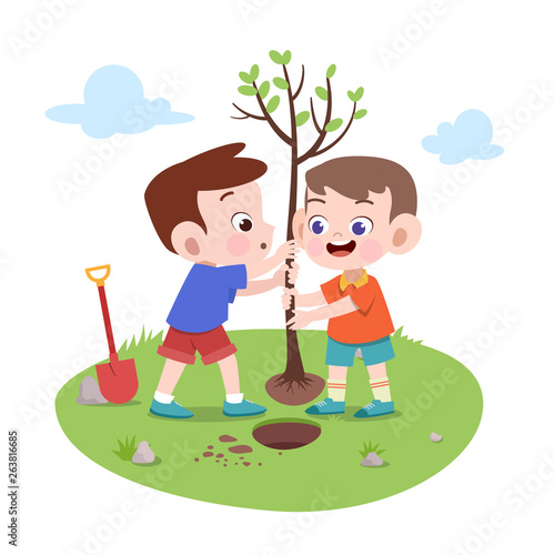 kids boys planting tree vector illustration