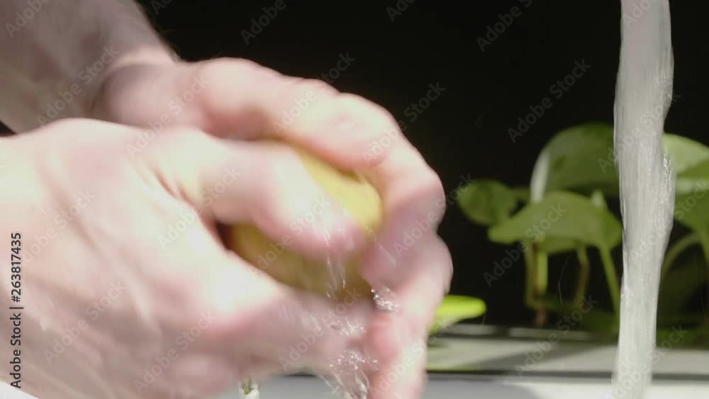 Washing Potato in Kitchen Sink CLOSE UP SLOW MOTION Washing Potato in Kitchen Sink CLOSE UP SLOW MOTION
