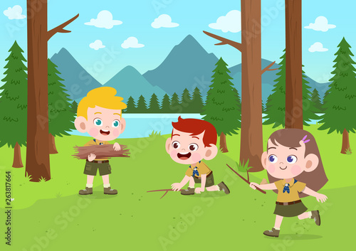 kids scouts at camp vector illustration