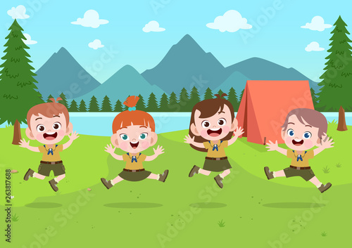 kids scouts at camp vector illustration © Colorfuel Studio
