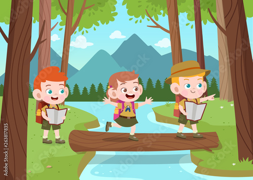kids scouts at camp vector illustration