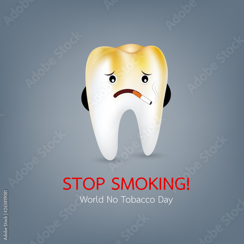 Cartoon tooth character smoking. Smoking effect on tooth. Problem from cigarette. Dental care concept. Stop smoking, World No Tobacco Day. Illustration.