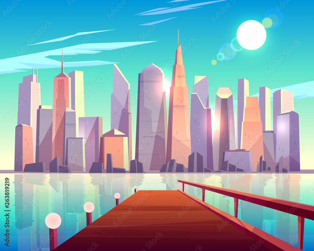 City architecture view from pier. Megapolis buildings sparkling in bright sun rays reflecting in water surface. Luxury metropolis urban skyscraper cityscape background. Cartoon vector illustration. City architecture view from pier. Megapolis buildings sparkling in bright sun rays reflecting in water surface. Luxury metropolis urban skyscraper cityscape background. Cartoon vector illustration.