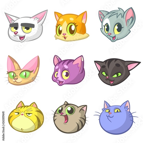 Cartoon Illustration of Different Happy Cats ot Kittens Heads Collection Set. Vector pack of colorful cats icons. Cartoon sphynx, Maine Coon, siamese, british and domestic