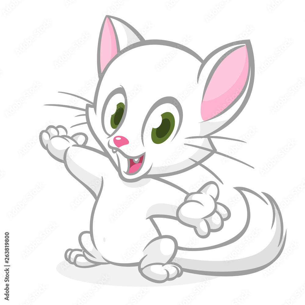Pretty and cute white cat cartoon with fluffy tail waving. Vector illustration