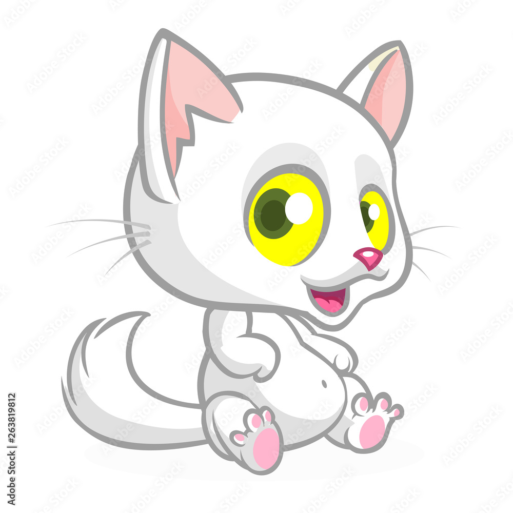 Obraz premium Funny cat cartoon waving with funny exciting expression. Vector illustration