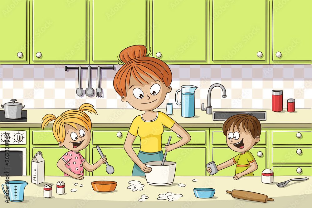Mother is cooking with her two children. Hand drawn vector illustration. Mother is cooking with her two children. Hand drawn vector illustration.