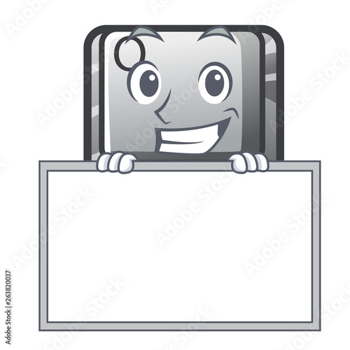 Grinning with board button Q isolated in the mascot