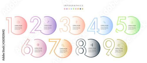 Vector infographic design UI template colorful gradient 9 number labels and icons