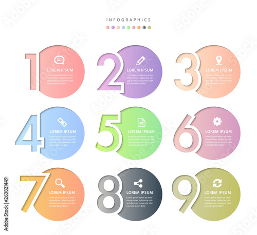 Vector infographic design UI template colorful gradient 9 relief number labels and icons
